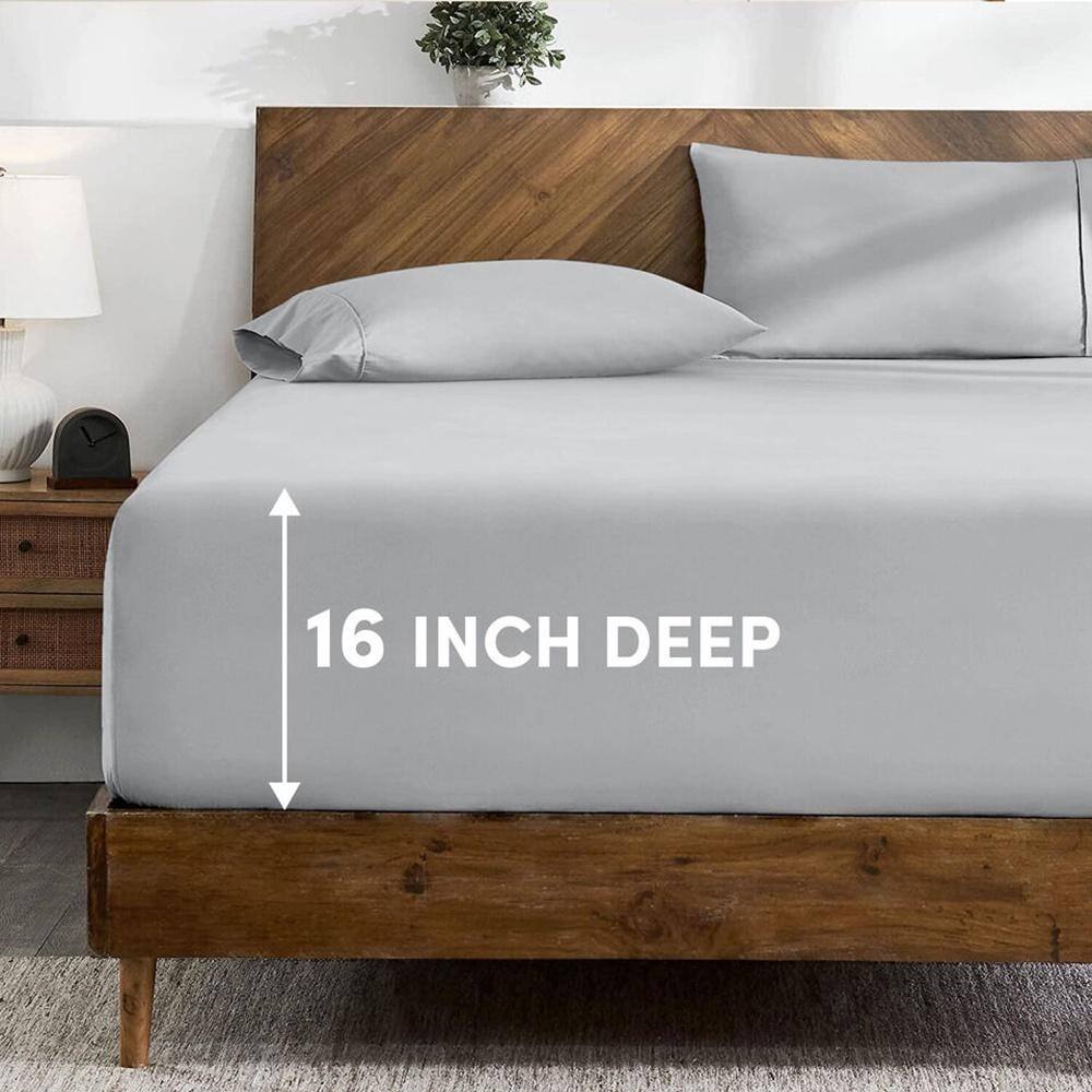 Twin Size Fitted Sheet 16" Deep Pocket Elastic Bed Sheets Silver Bed